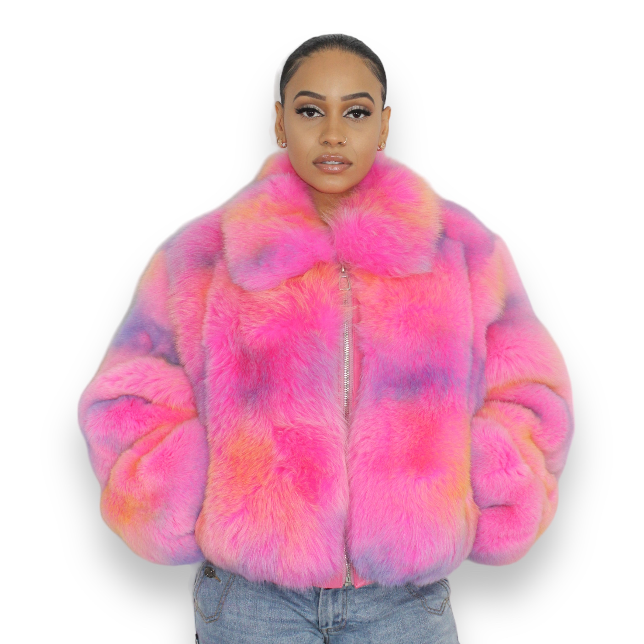 Pink fox hotsell fur jacket