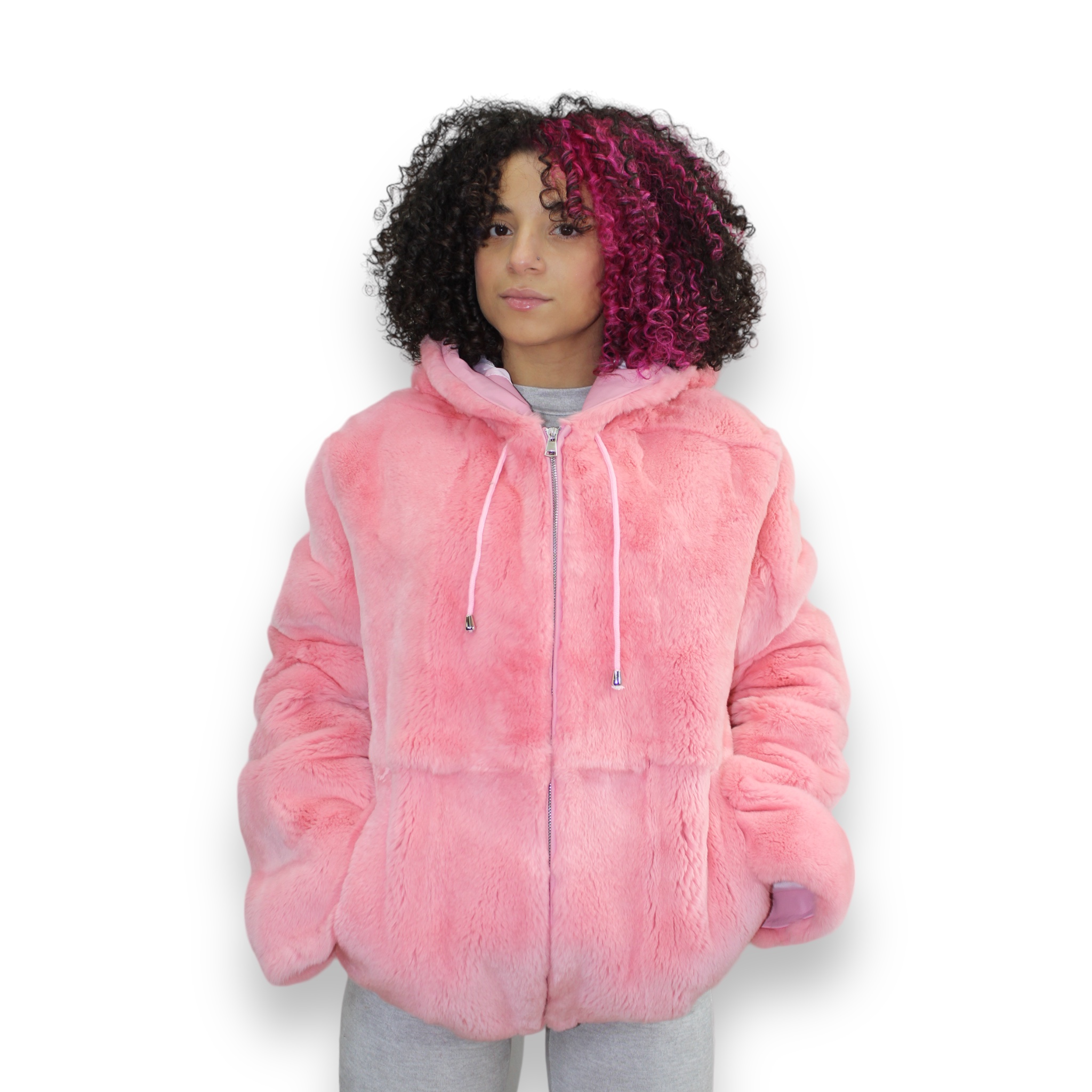 Pink faux fur discount hoodie