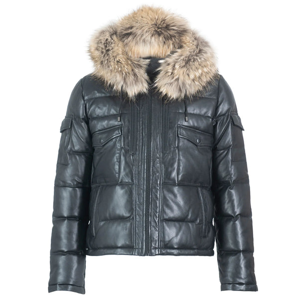 Fox Fur Trim Hood Leather Puffer Jacket