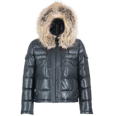 Fox Fur Trim Hood Leather Puffer Jacket