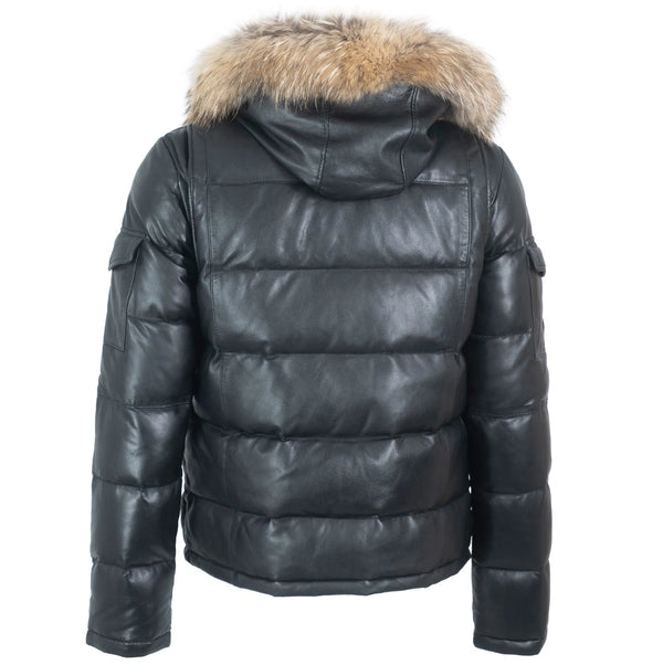 Fox Fur Trim Hood Leather Puffer Jacket