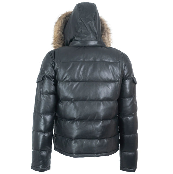 Fox Fur Trim Hood Leather Puffer Jacket