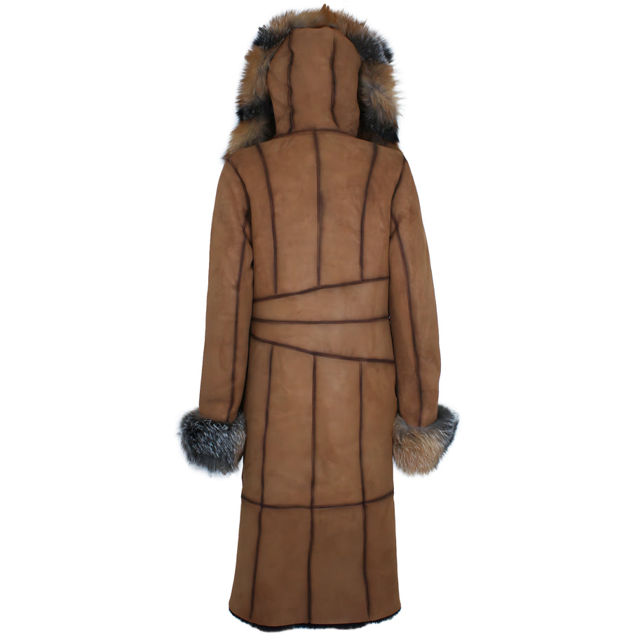 Brown Crystal Fox Shearling Trench Coat