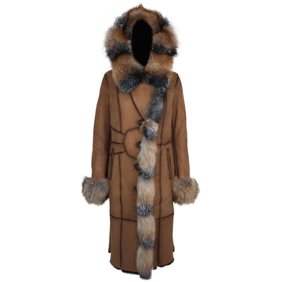 Brown Crystal Fox Shearling Trench Coat
