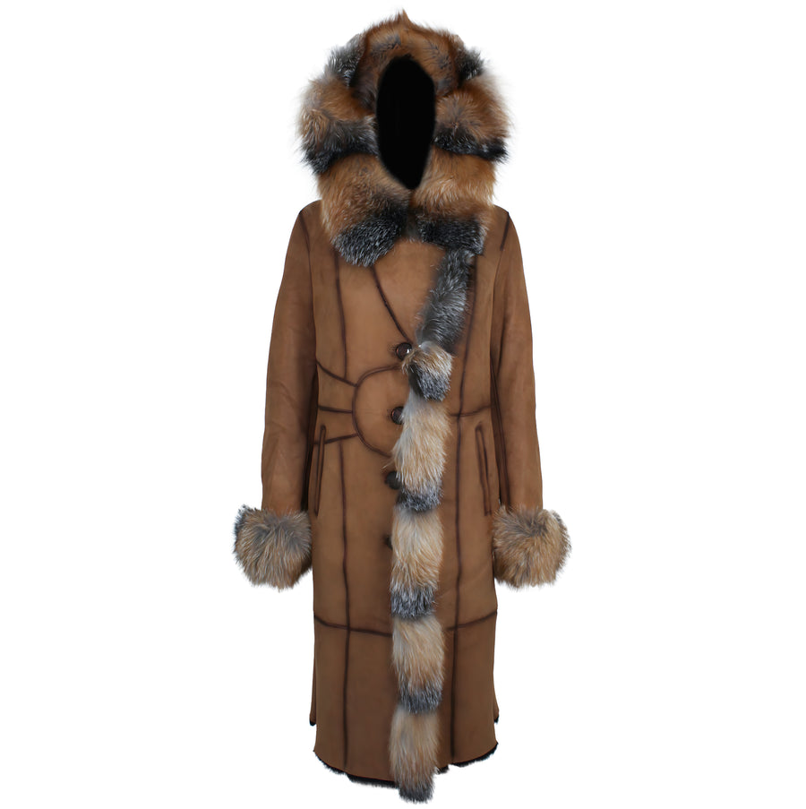 Brown Crystal Fox Shearling Trench Coat