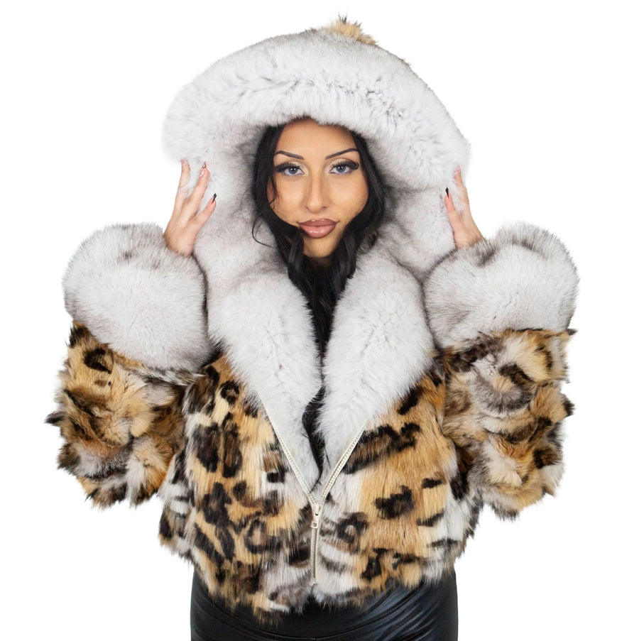 Simon Cropped Leopard Print Fox Fur