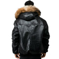 Crocodile Print Leather Bomber with Fox Trim Hood