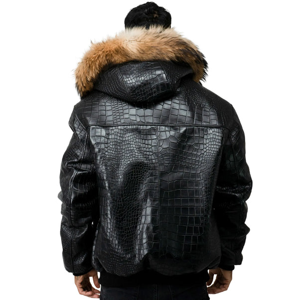Crocodile Print Leather Bomber with Fox Trim Hood