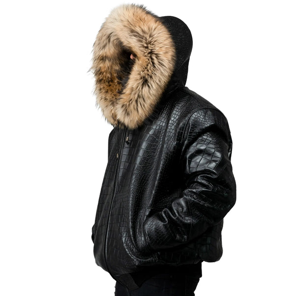 Crocodile Print Leather Bomber with Fox Trim Hood