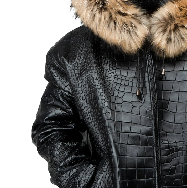 Crocodile Print Leather Bomber with Fox Trim Hood