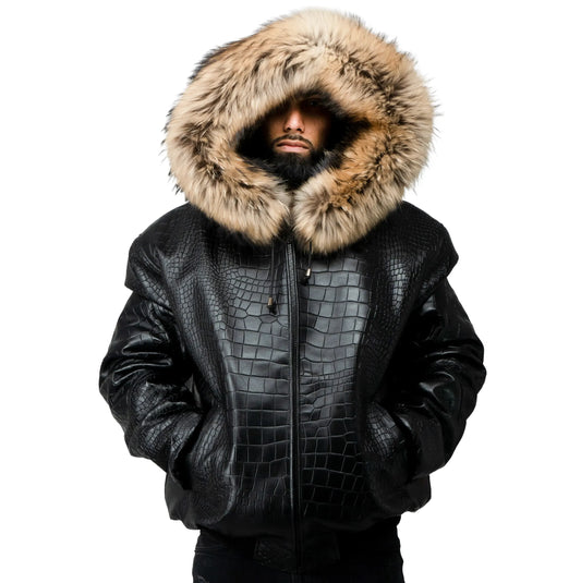 Crocodile Print Leather Bomber with Fox Trim Hood
