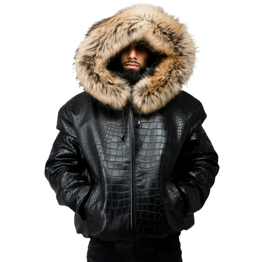 Crocodile Print Leather Bomber with Fox Trim Hood
