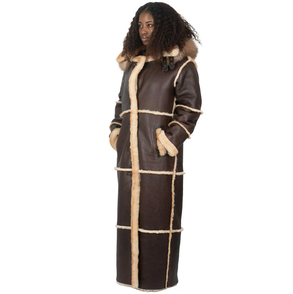 Women Full-Length Shearling with Fox Trim Hood