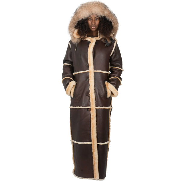 Women Full-Length Shearling with Fox Trim Hood