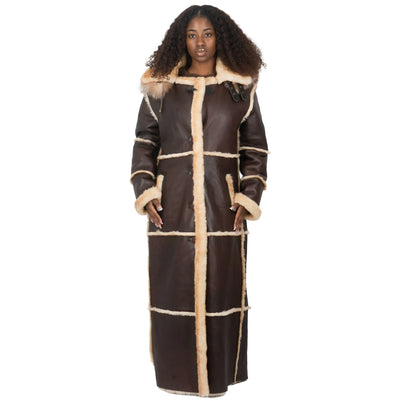 Women Full-Length Shearling with Fox Trim Hood