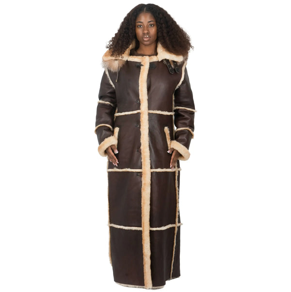 Women Full-Length Shearling with Fox Trim Hood