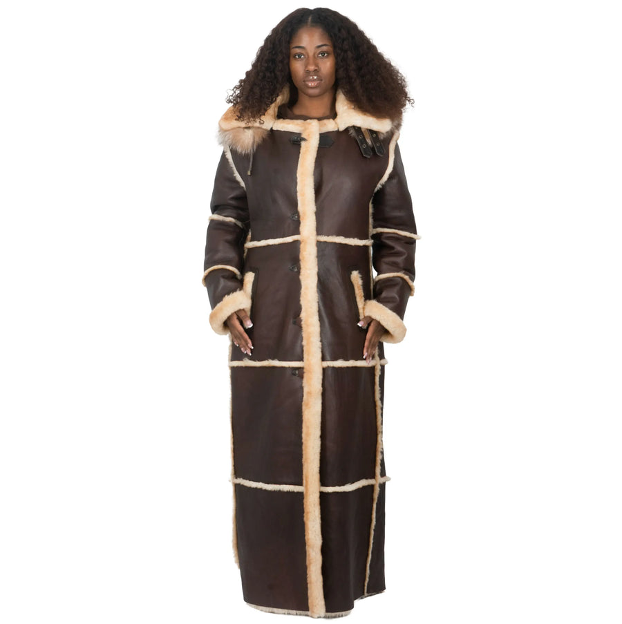 Women Full-Length Shearling with Fox Trim Hood