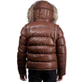 Fox Fur Trim Hood Leather Puffer Jacket with Zip Pockets