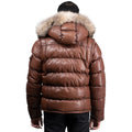 Fox Fur Trim Hood Leather Puffer Jacket with Zip Pockets