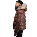 Fox Fur Trim Hood Leather Puffer Jacket with Zip Pockets