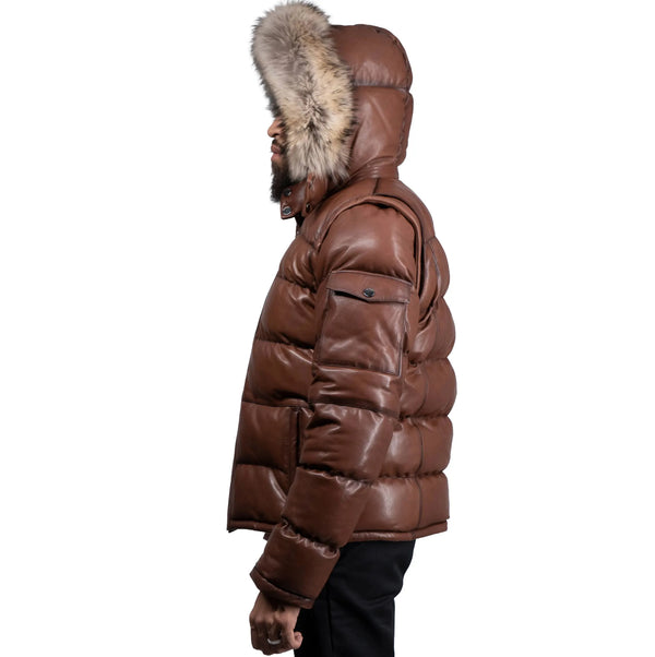 Fox Fur Trim Hood Leather Puffer Jacket with Zip Pockets