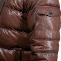Fox Fur Trim Hood Leather Puffer Jacket with Zip Pockets