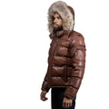 Fox Fur Trim Hood Leather Puffer Jacket with Zip Pockets