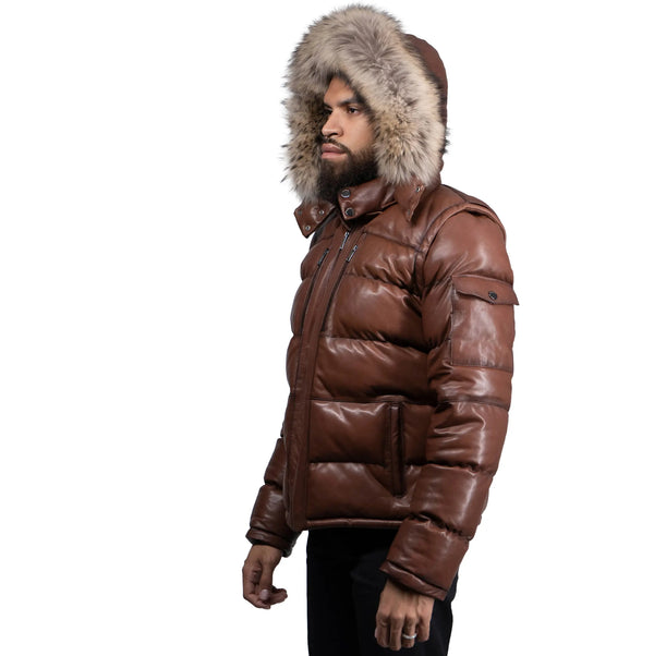 Fox Fur Trim Hood Leather Puffer Jacket with Zip Pockets
