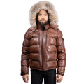 Fox Fur Trim Hood Leather Puffer Jacket with Zip Pockets