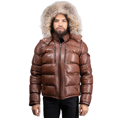 Fox Fur Trim Hood Leather Puffer Jacket with Zip Pockets