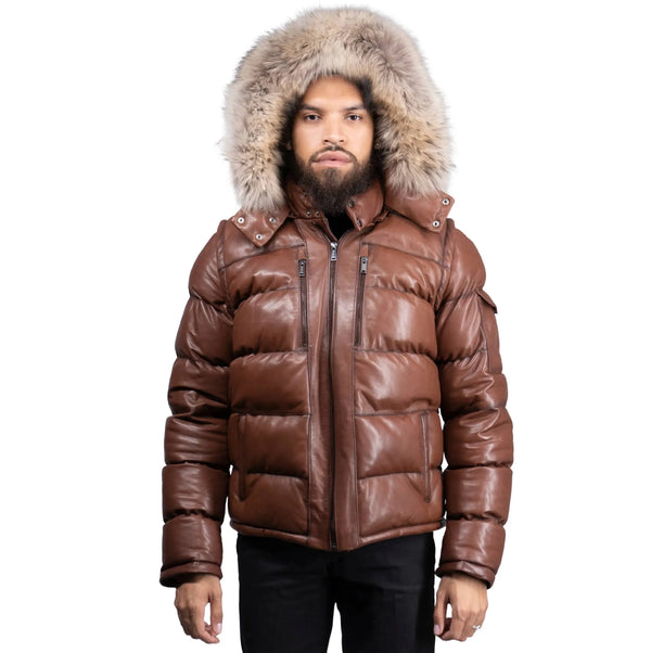 Fox Fur Trim Hood Leather Puffer Jacket with Zip Pockets