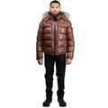 Fox Fur Trim Hood Leather Puffer Jacket with Zip Pockets