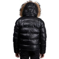 Fox Fur Trim Hood Leather Puffer Jacket with Zip Pockets