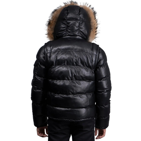 Fox Fur Trim Hood Leather Puffer Jacket with Zip Pockets