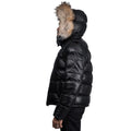 Fox Fur Trim Hood Leather Puffer Jacket with Zip Pockets