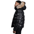Fox Fur Trim Hood Leather Puffer Jacket with Zip Pockets