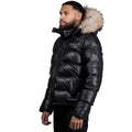 Fox Fur Trim Hood Leather Puffer Jacket with Zip Pockets