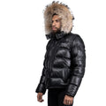 Fox Fur Trim Hood Leather Puffer Jacket with Zip Pockets