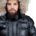 Fox Fur Trim Hood Leather Puffer Jacket with Zip Pockets