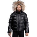 Fox Fur Trim Hood Leather Puffer Jacket with Zip Pockets