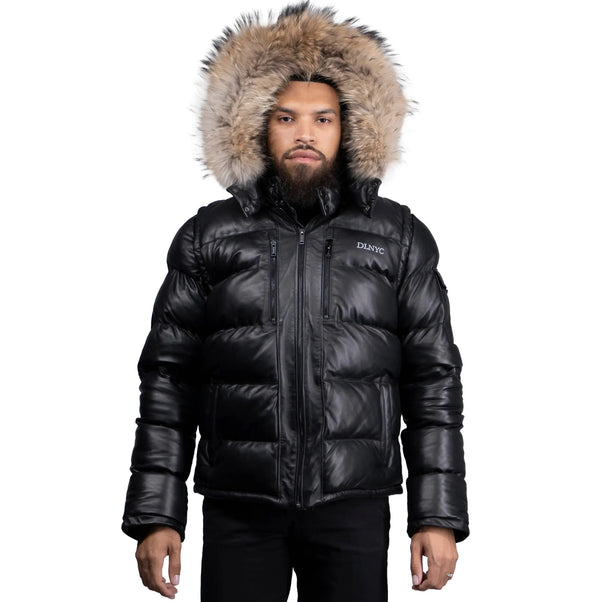 Fox Fur Trim Hood Leather Puffer Jacket with Zip Pockets