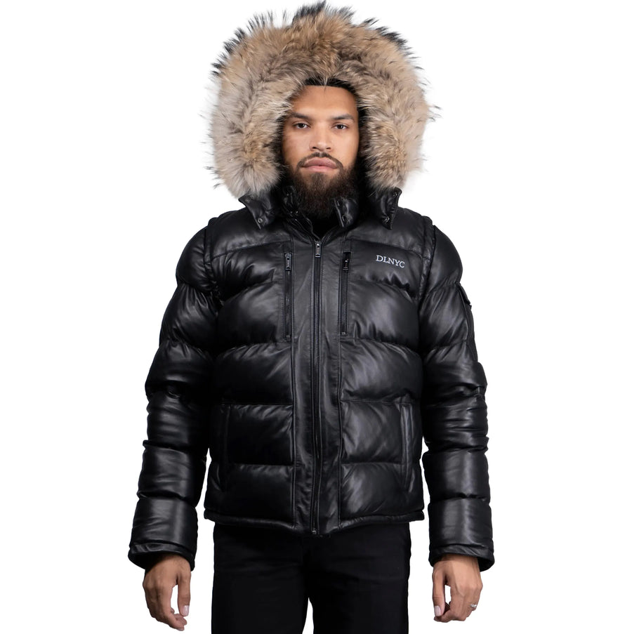 Fox Fur Trim Hood Leather Puffer Jacket with Zip Pockets