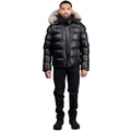 Fox Fur Trim Hood Leather Puffer Jacket with Zip Pockets