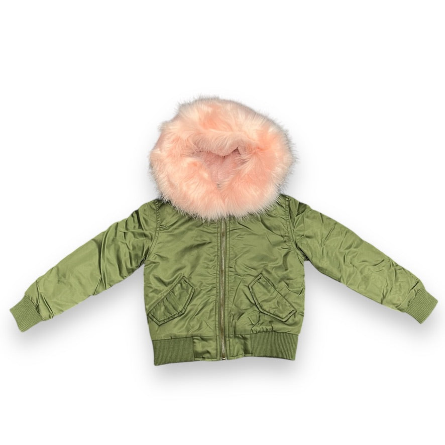 Green Leather Hoodie with Faux Fur