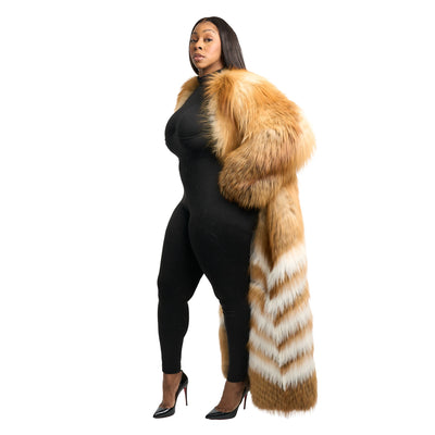 Chevron Red Fox Fur Long Coat