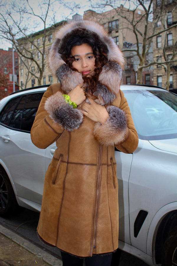Shearling with Crystal Fox Hood and Cuffs