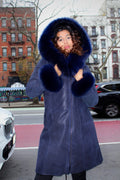 Shearling with Blue Fox Hood and Cuffs