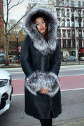 7/8 Black Shearling with Silver Fox Hood and Cuffs