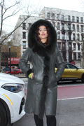 7/8 Green Shearling with Fox Hood and Middle Lining