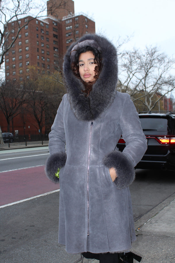 Shearling with Grey Fox Hood and Cuffs
